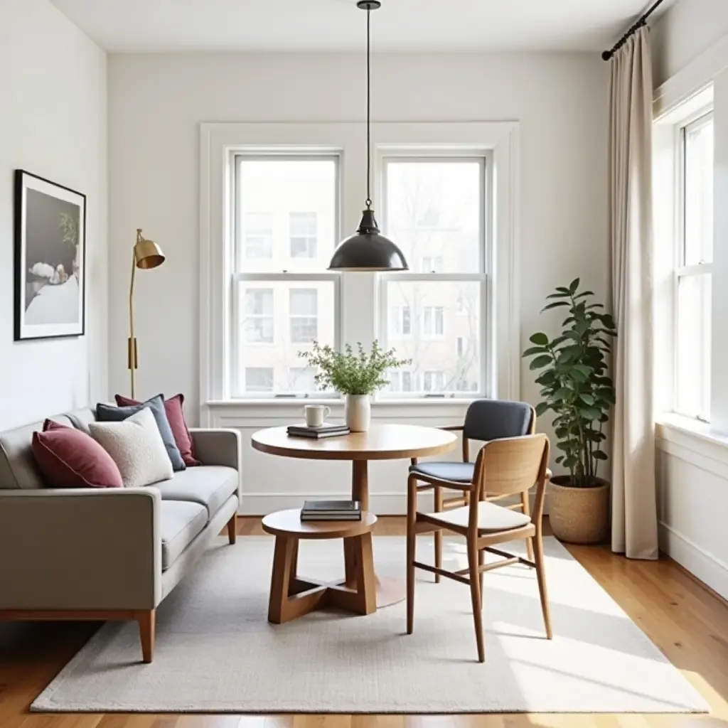 a photo of a small living room dining room combo featuring a round table for space-saving