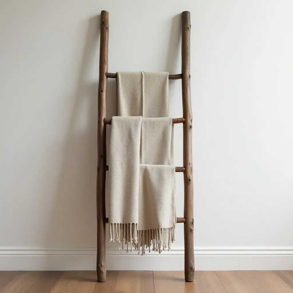 a photo of a rustic ladder used to display blankets on a wall