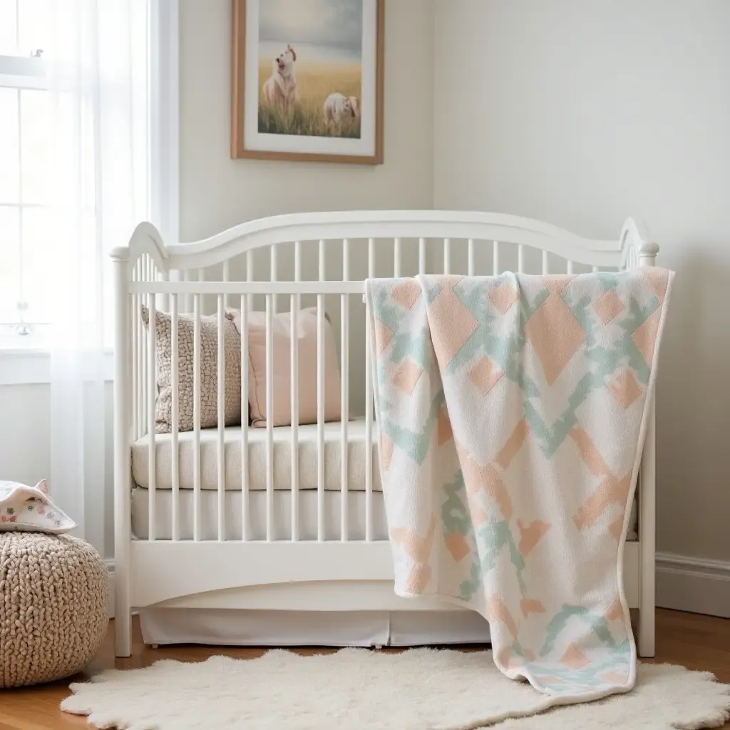 a photo of a nursery decorated with handmade quilts and soft pillows