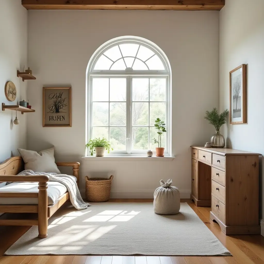 a photo of a rustic playroom with farmhouse decor and natural light