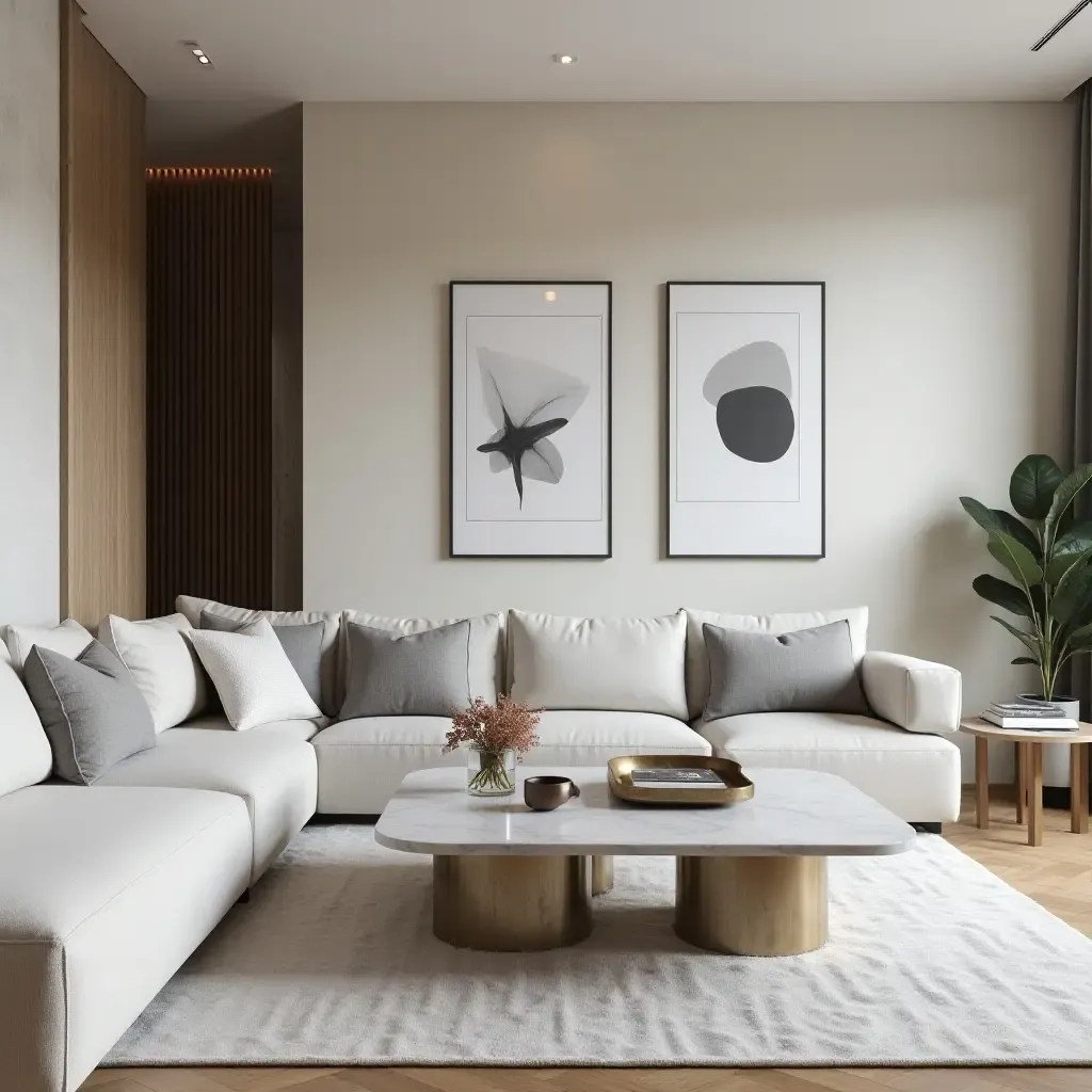 a photo of a sleek living room with marble side tables and modern art pieces