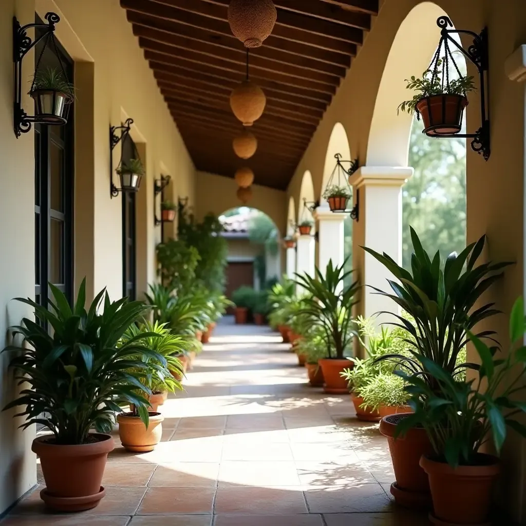 a photo of a corridor adorned with hanging potted plants