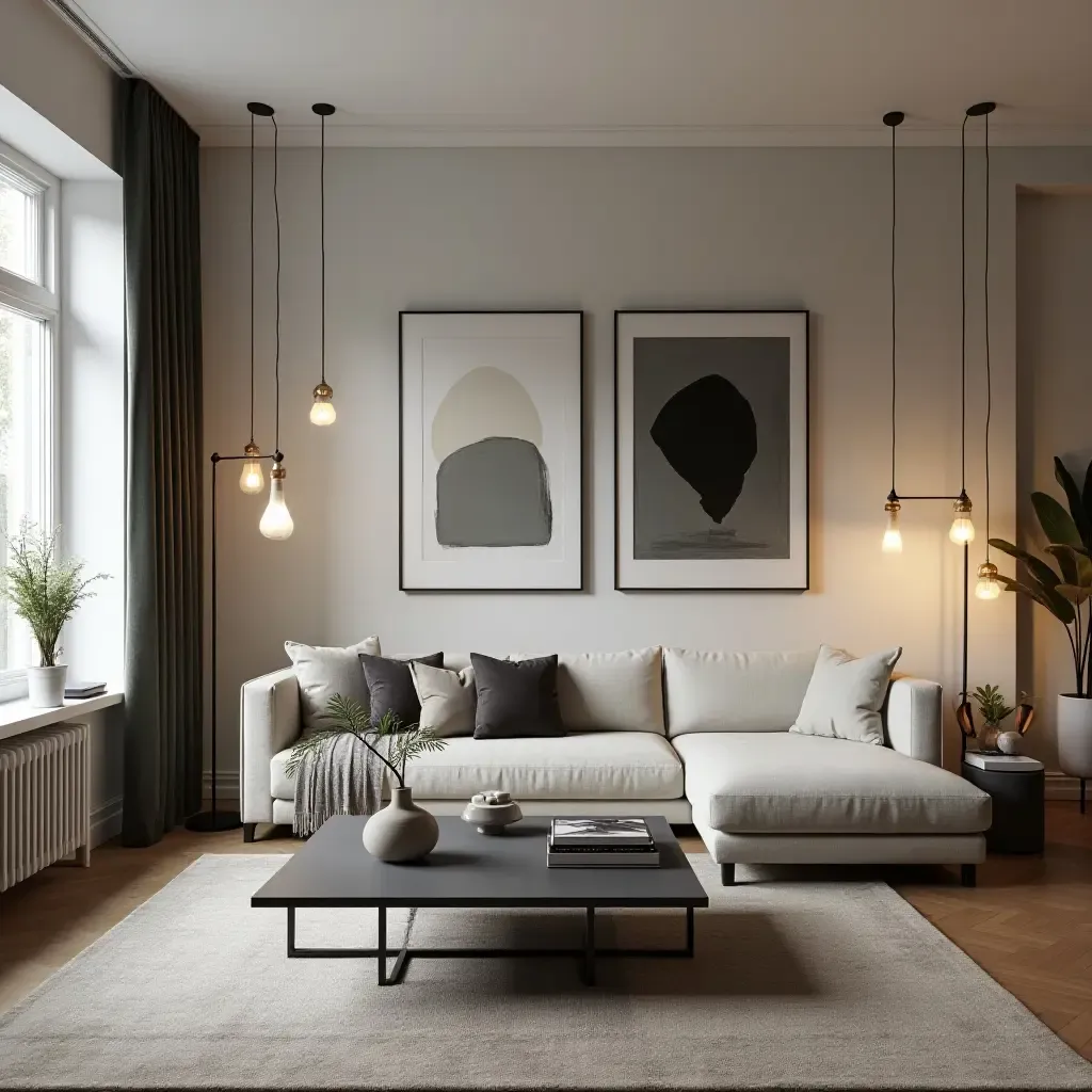 a photo of a chic urban living room with stylish pendant lights and modern art pieces