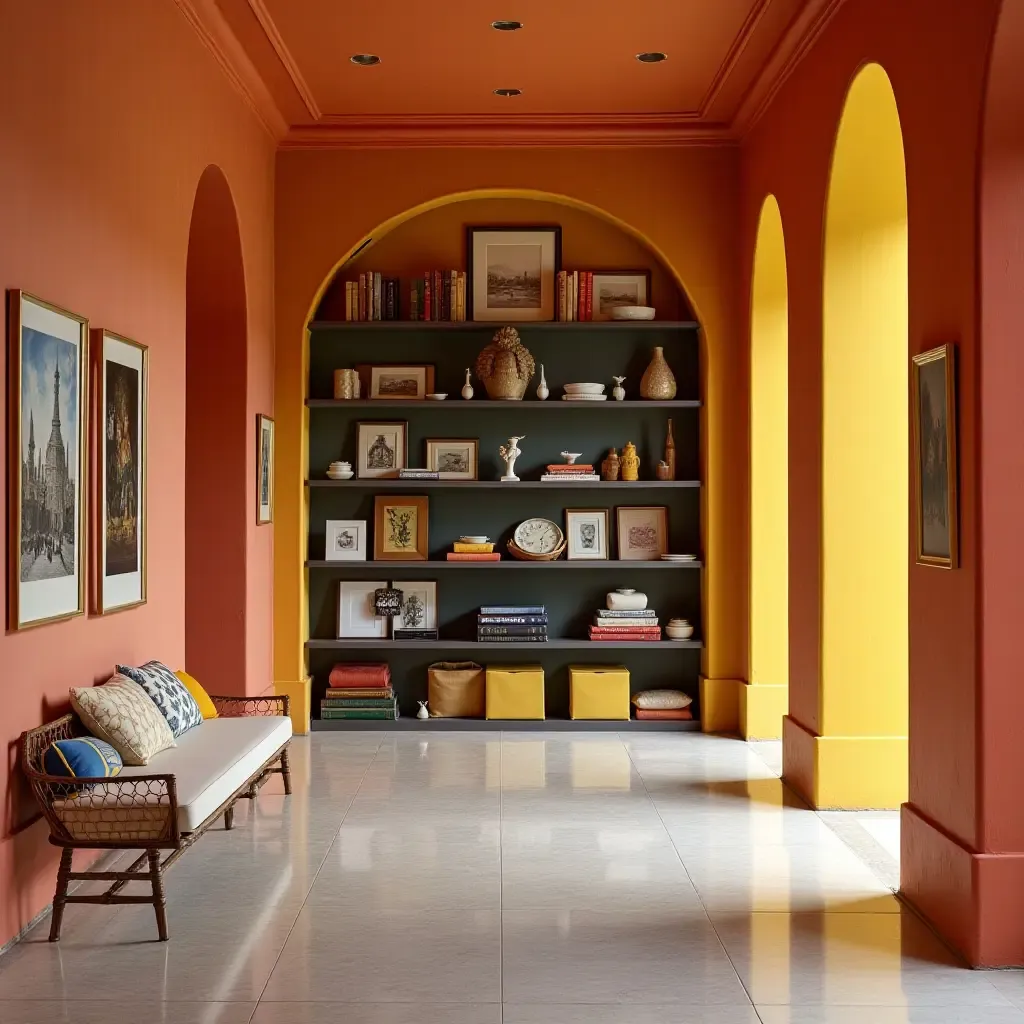 a photo of a vibrant corridor shelf showcasing travel souvenirs