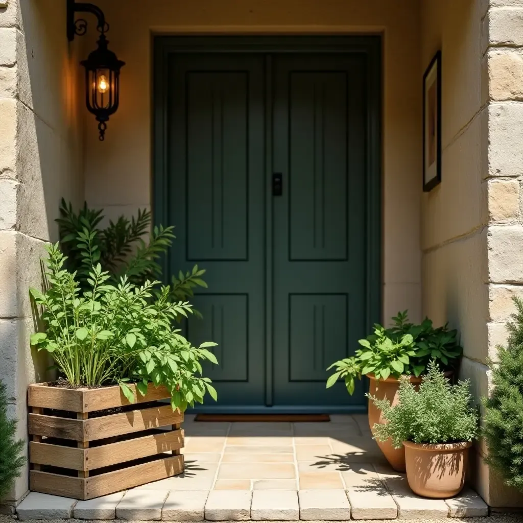 a photo of a rustic entrance with a wooden crate filled with herbs