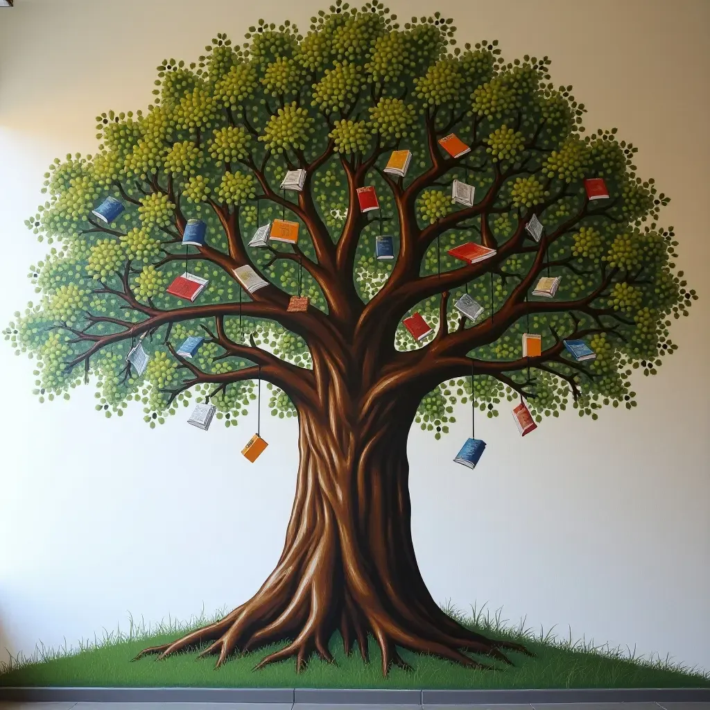 a photo of a giant tree mural with books hanging from branches