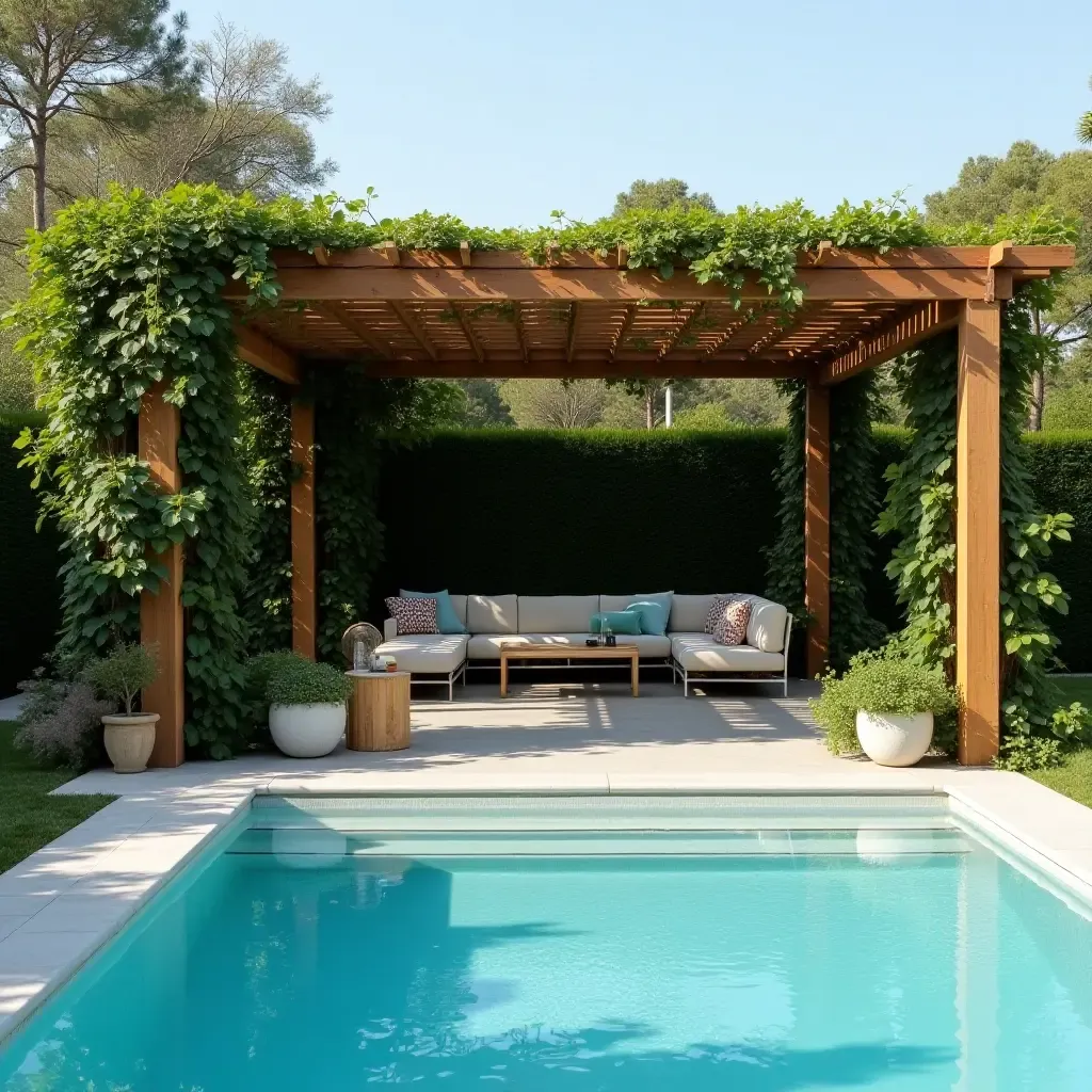 a photo of a stylish pool with a wooden pergola and climbing plants