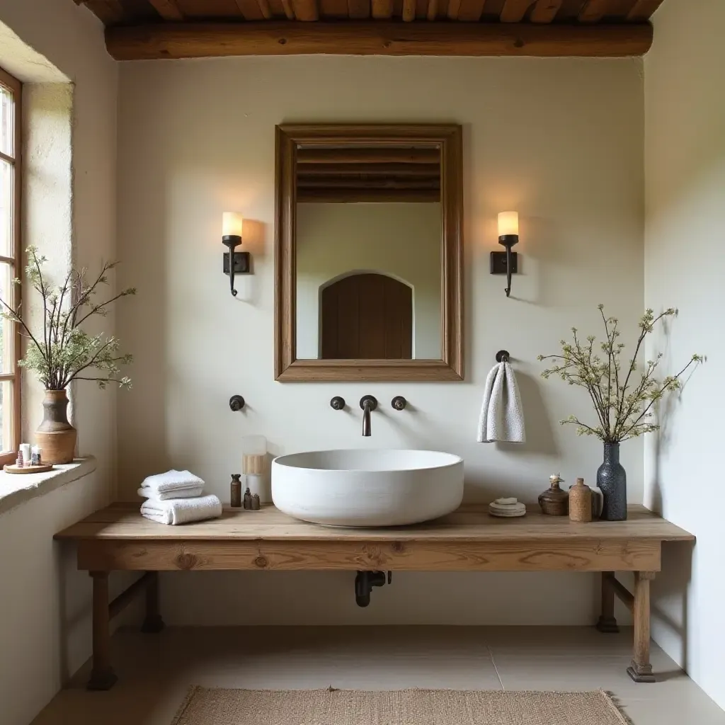 a photo of a rustic bathroom with a freestanding sink and vintage mirror