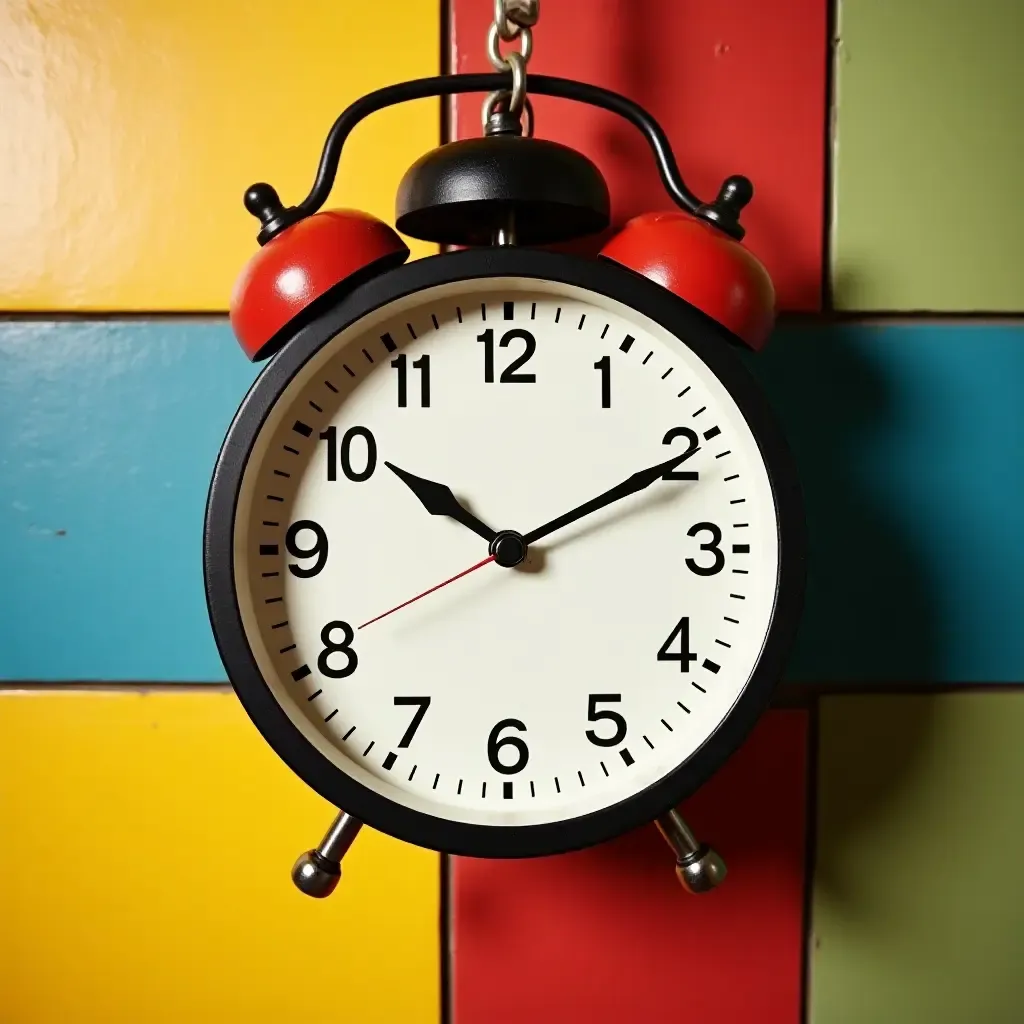 a photo of a retro clock hanging on a colorful wall