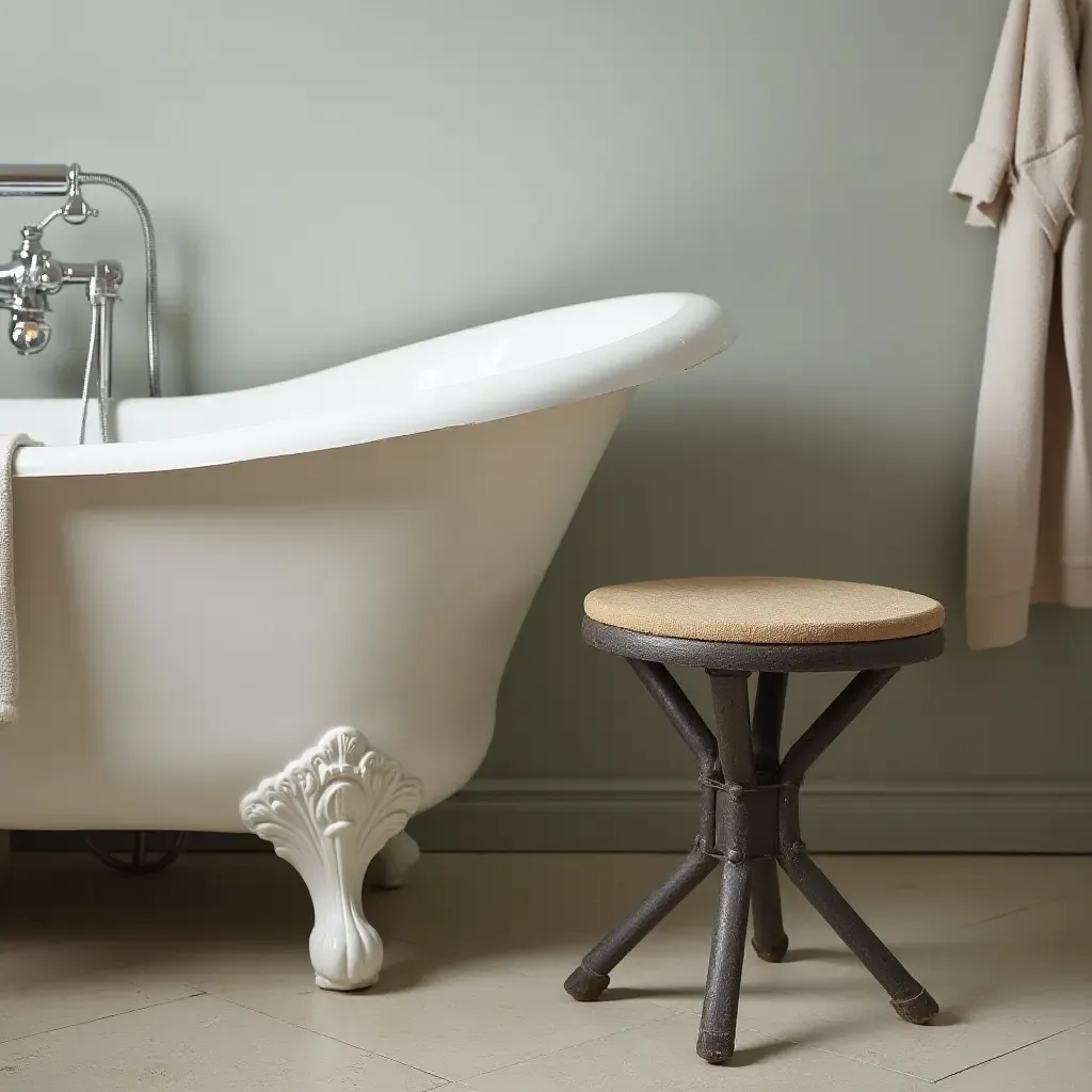 a photo of a vintage metal stool next to a bathtub