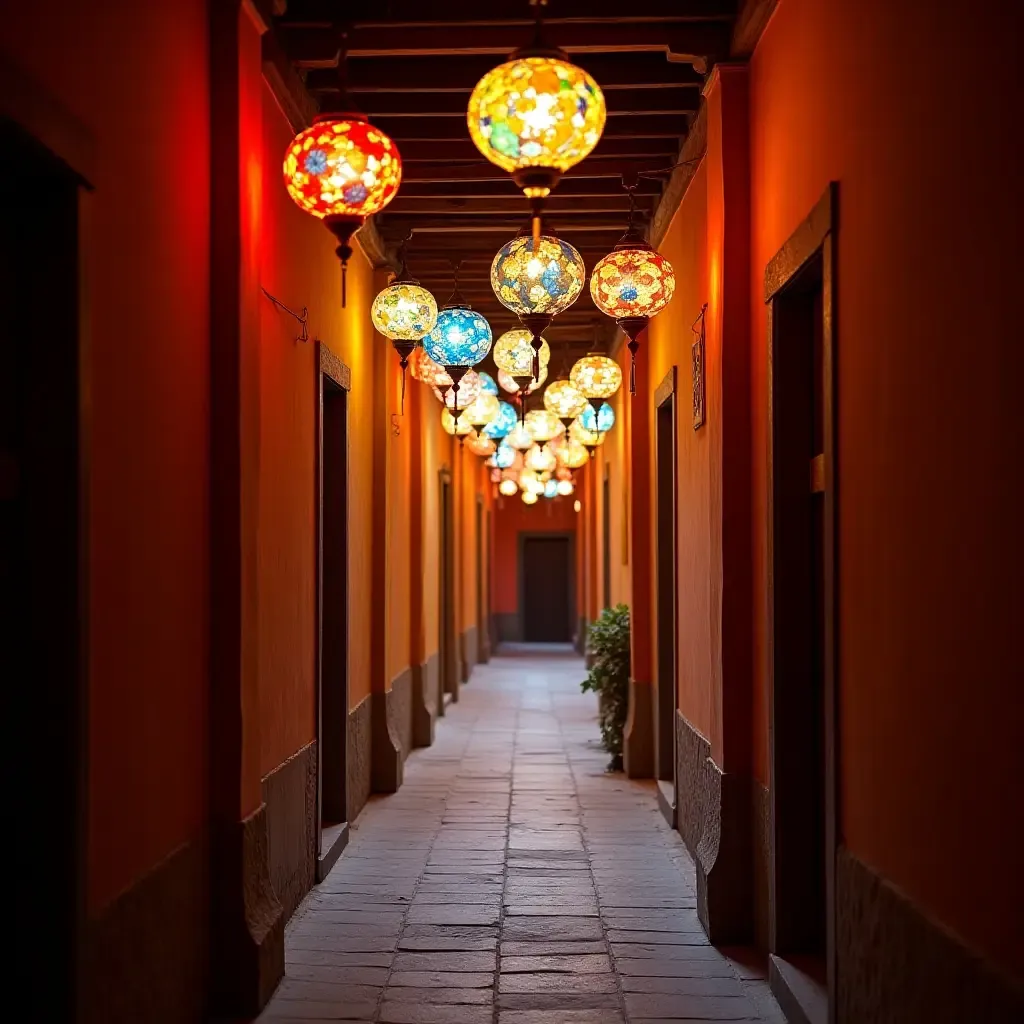 a photo of a bohemian corridor with colorful lanterns