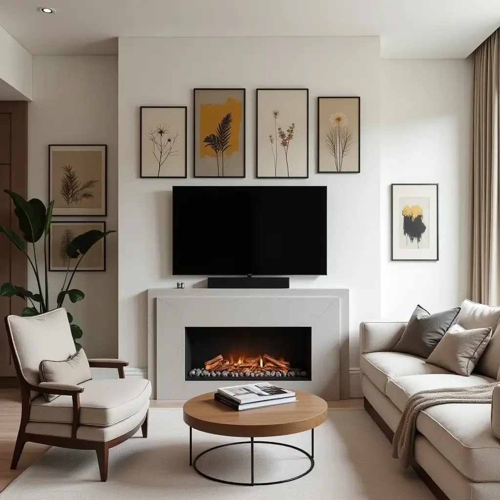 a photo of a stylish living room with a TV surrounded by decorative artwork above the fireplace