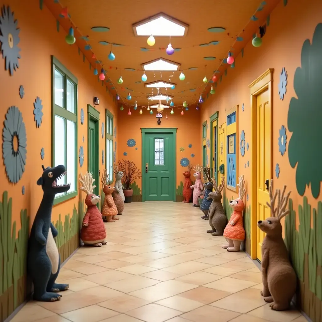 a photo of a corridor decorated with playful, handmade crafts