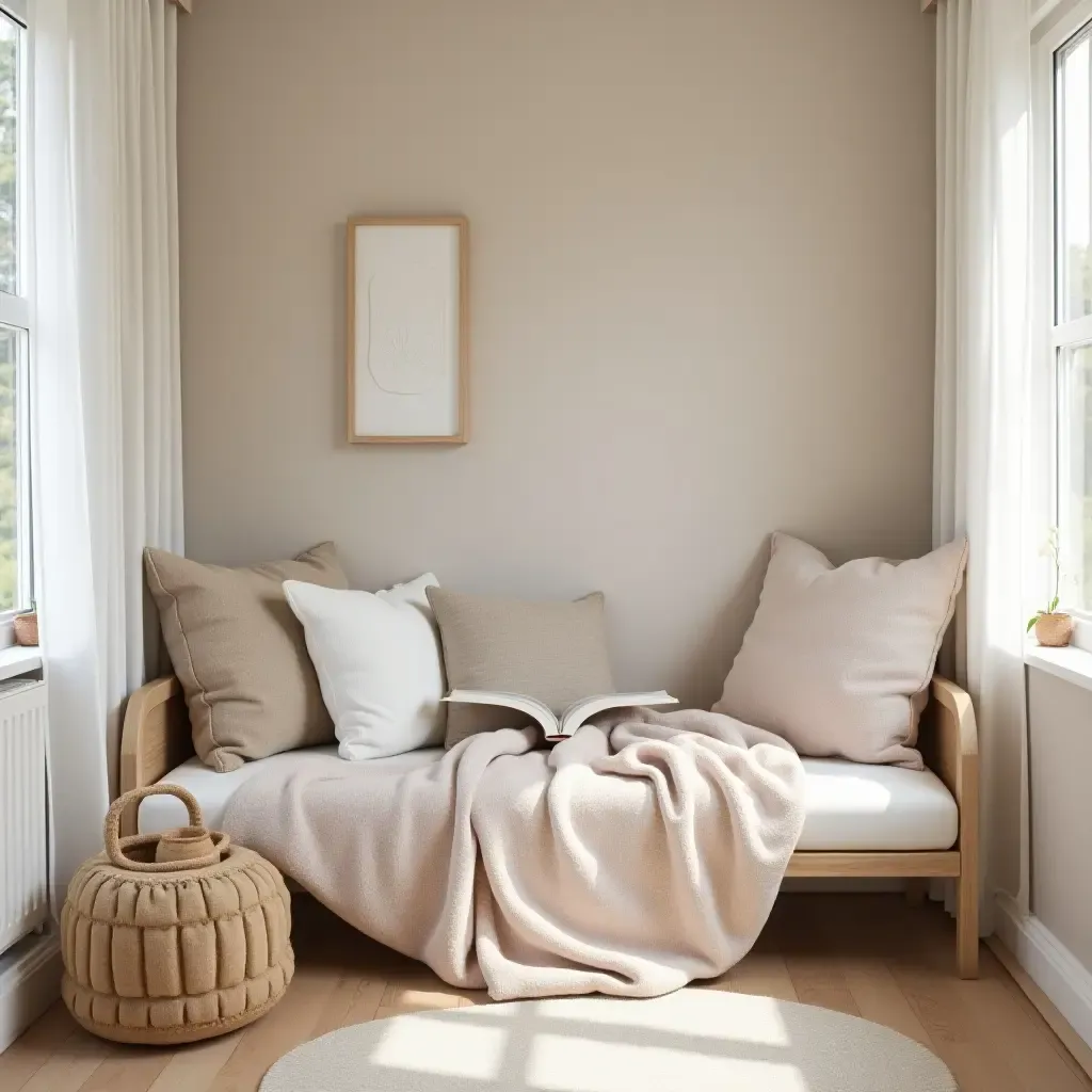 a photo of a cozy corner in a nursery with a reading nook and soft cushions