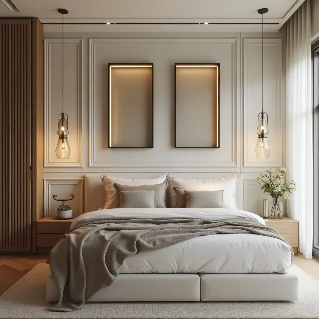 a photo of a stylish bedroom featuring decorative wall boxes