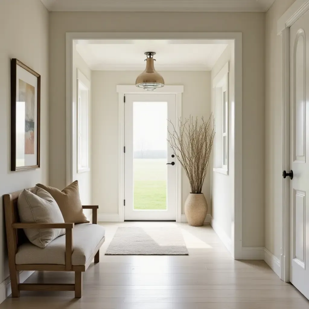 a photo of a bright entrance hall with a welcoming bench and soft textiles