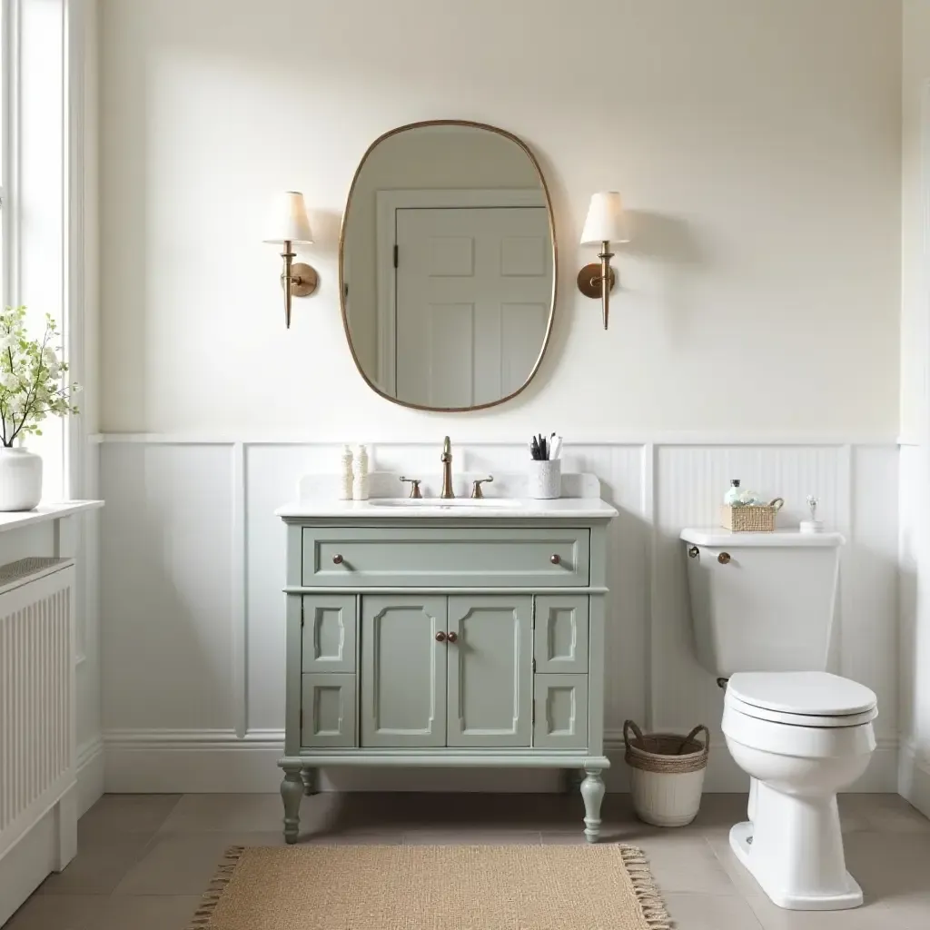 a photo of a charming bathroom vanity with vintage elements and modern touches