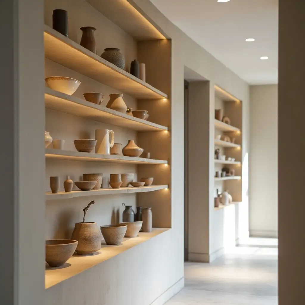 a photo of a corridor shelf displaying a curated collection of ceramics