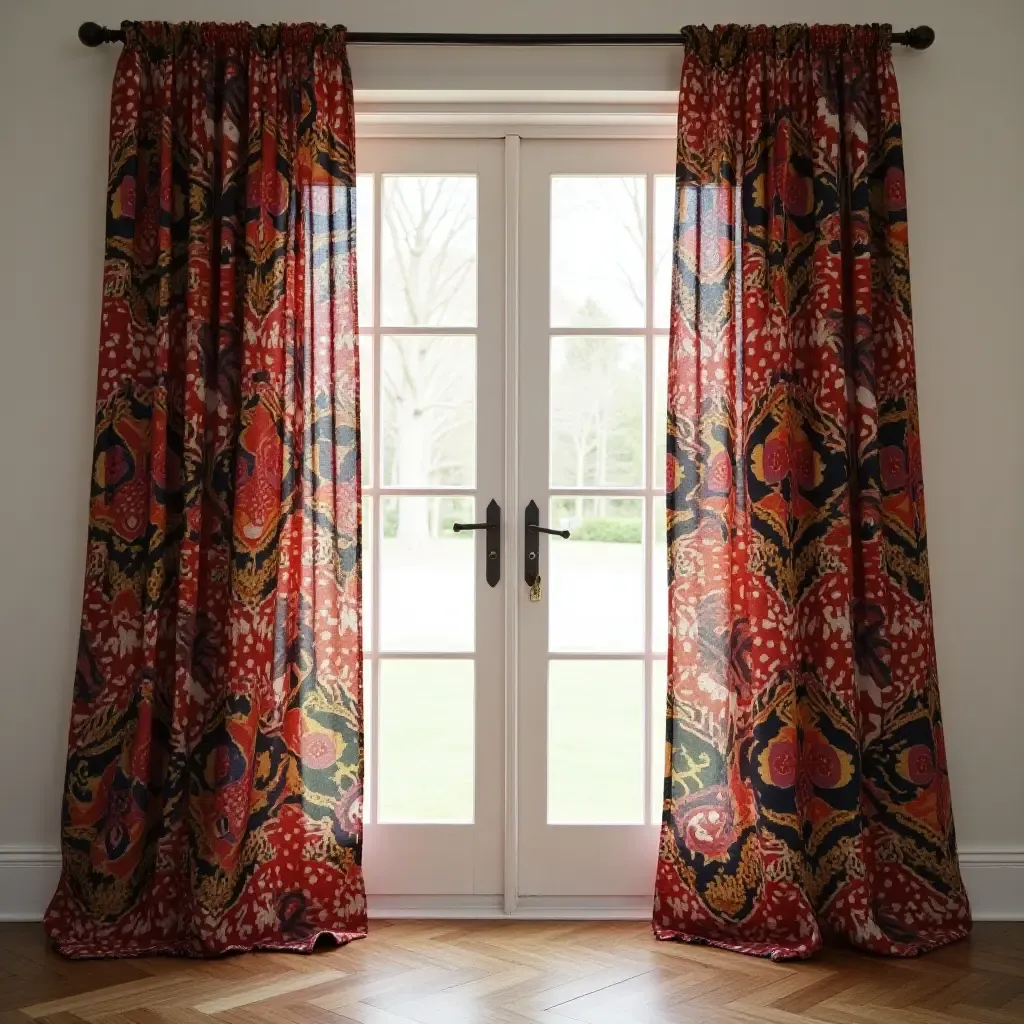 a photo of boho-style curtains with intricate patterns and colors