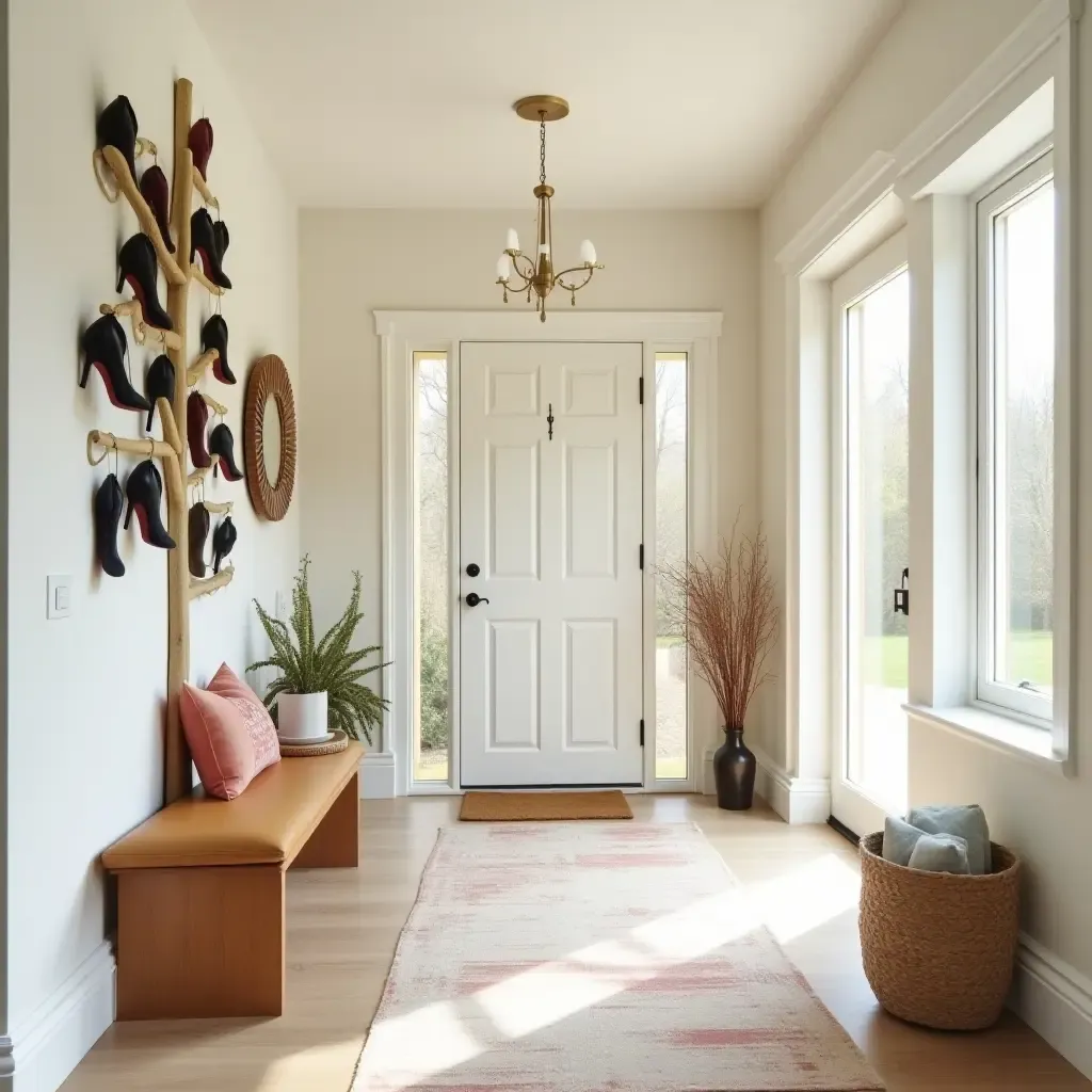 a photo of a bright entrance hall featuring a whimsical shoe tree and fun decor