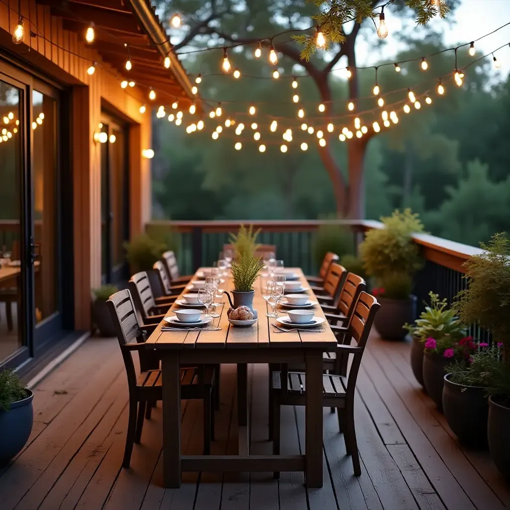 a photo of a balcony with a farmhouse-style dining setup and string lights