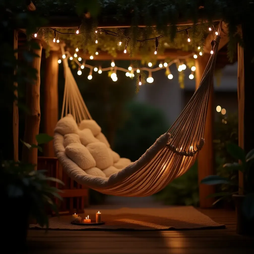 a photo of a cozy nook with a hammock and fairy lights