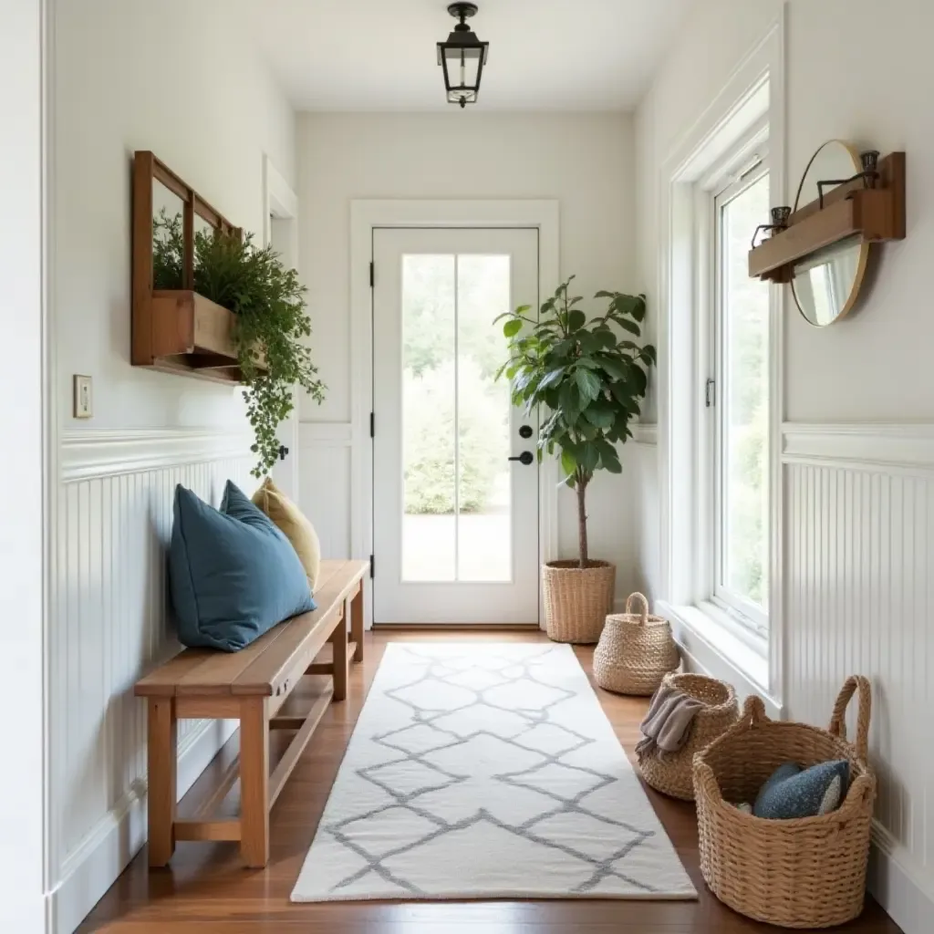 a photo of a farmhouse hallway featuring vintage baskets and greenery