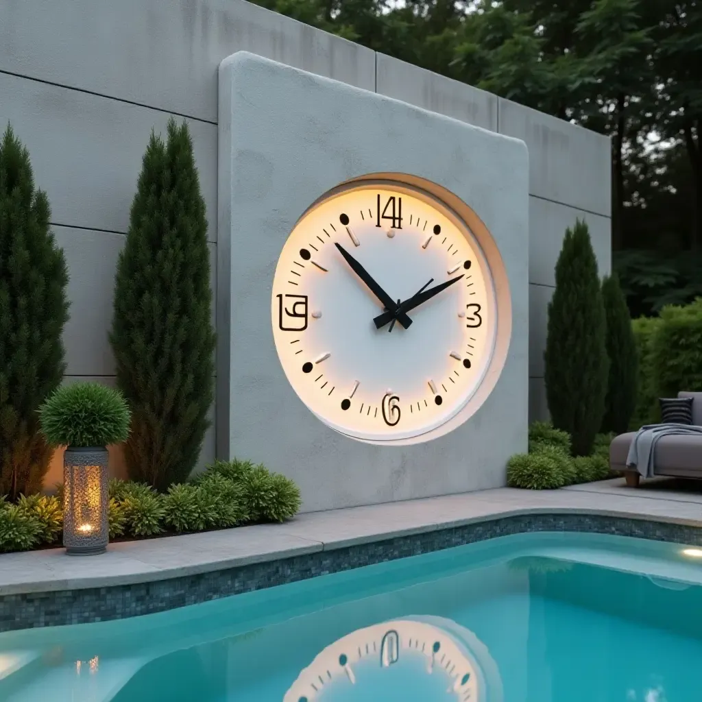 a photo of a stylish outdoor clock mounted on a pool wall