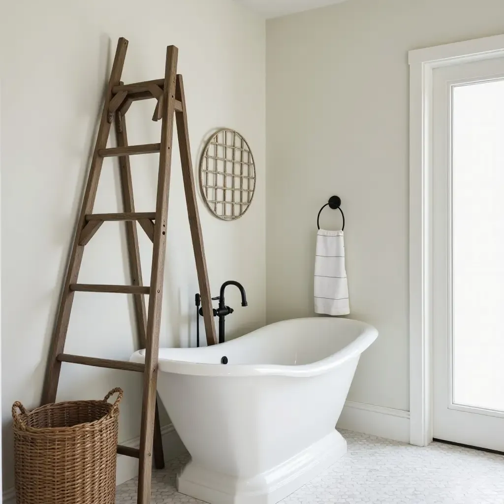 a photo of an antique ladder used for decor in a bathroom