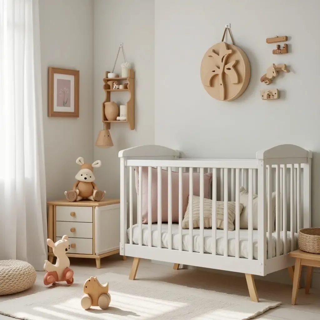 a photo of a nursery with classic wooden toys on display