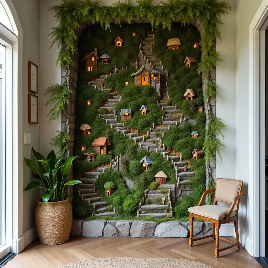 a photo of a whimsical fairy garden wall with miniature decorations in a foyer