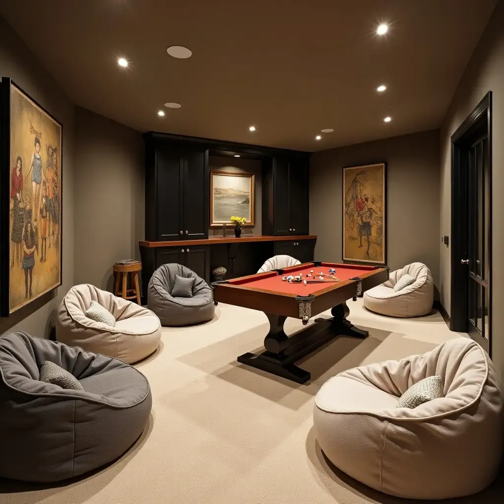 a photo of a basement game room featuring fabric bean bags, wooden game tables, and metal accents