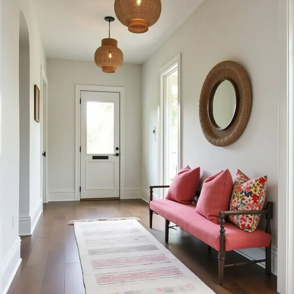 a photo of a stylish entrance hall with vibrant throw pillows on a bench