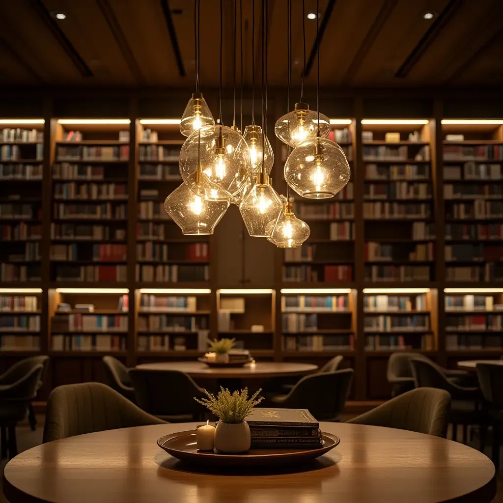 a photo of a library with artistic pendant lighting creating a focal point