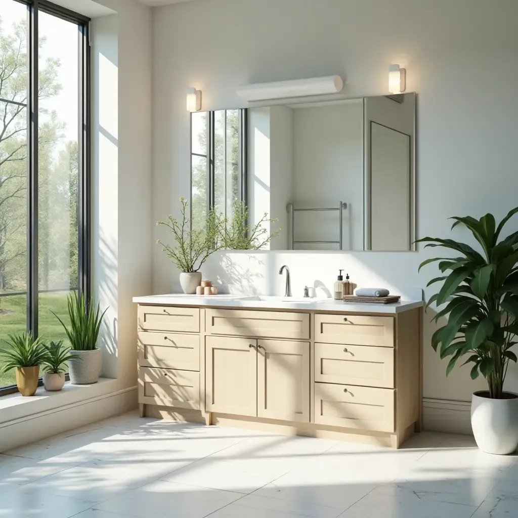 a photo of a bright and airy vanity area with large windows and greenery