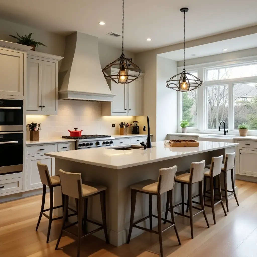 a photo of a family-friendly kitchen island with built-in games and seating