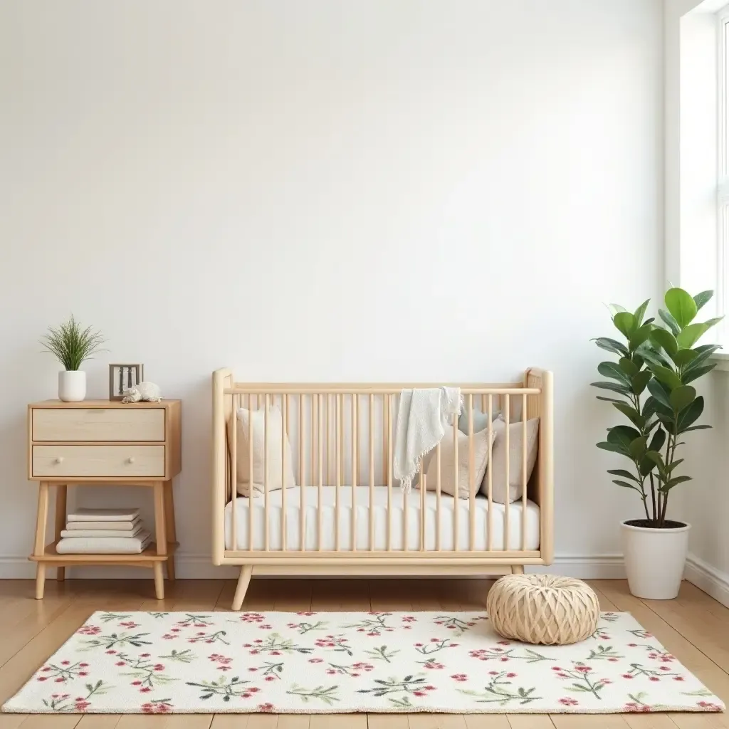 a photo of a nursery with a charming floral rug and natural wood furniture