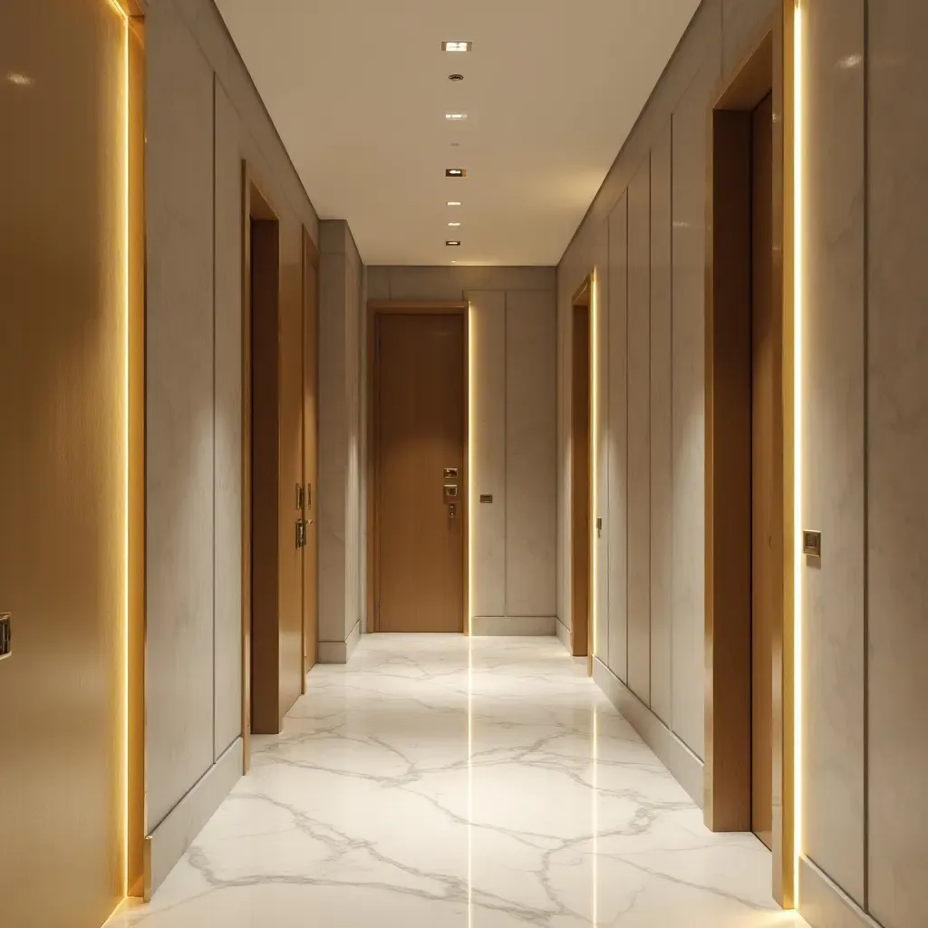 a photo of an entrance hall with metallic gold accents on the walls