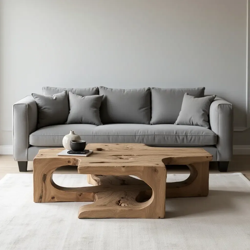 a photo of a grey sofa with a unique coffee table made from reclaimed materials