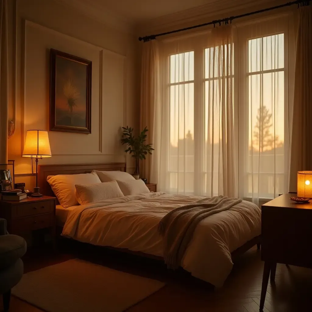 a photo of a shared bedroom with a cozy atmosphere and layered lighting