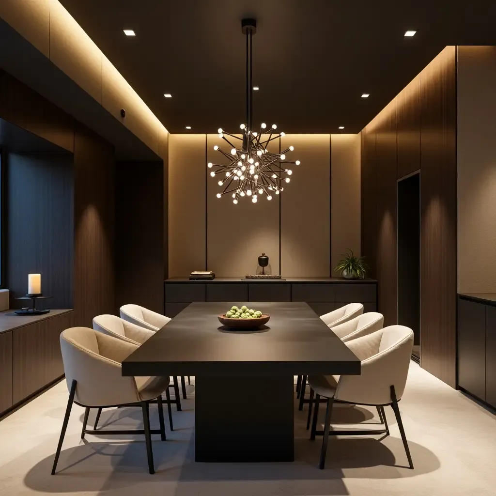 a photo of a sleek basement with geometric pendant lights