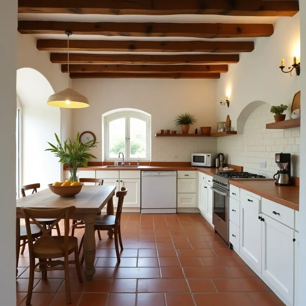 a photo of a Mediterranean kitchen with terracotta tiles and wooden beams