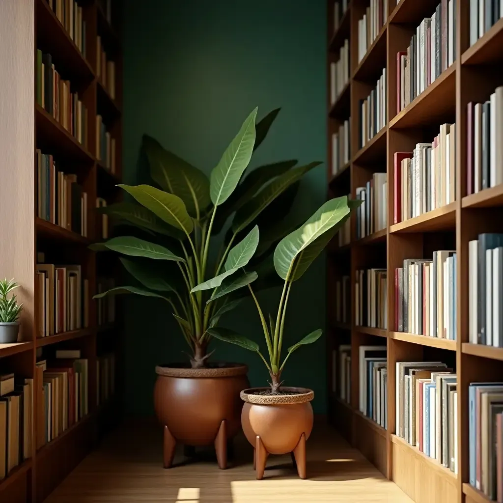 a photo of a library corner with a tall leafy plant