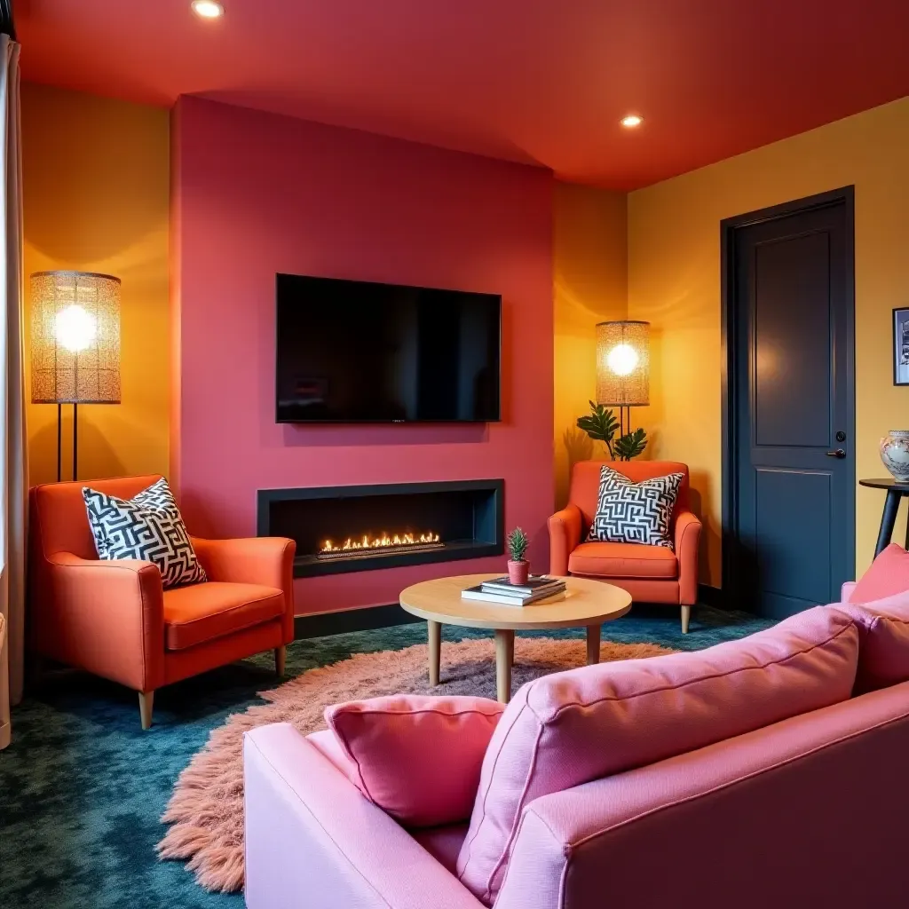 a photo of a basement with a vibrant color scheme and fun decor