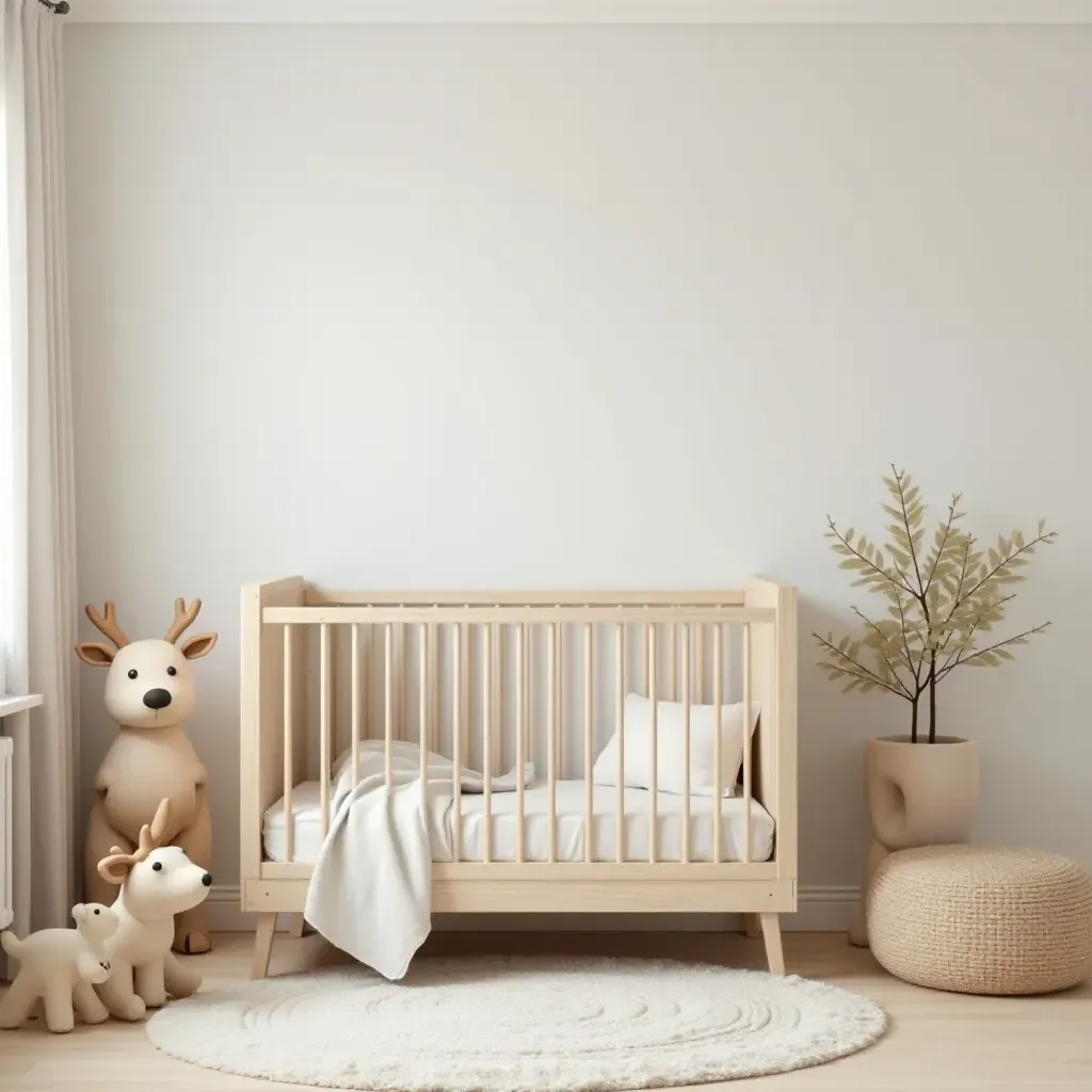 a photo of a nursery decorated with wooden animal figures