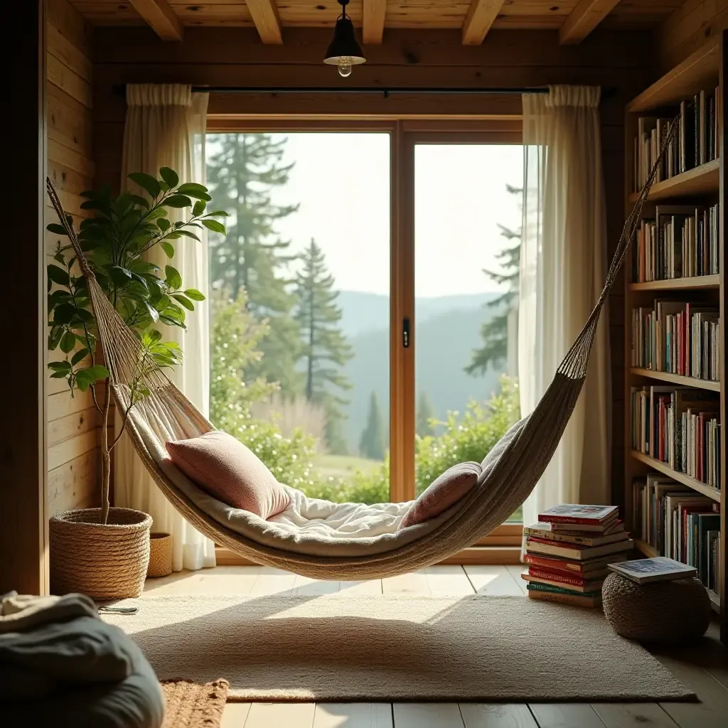 a photo of a peaceful reading area with a hammock and books