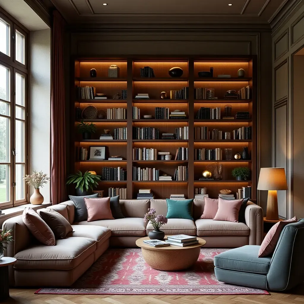 a photo of a library with a charming mix of textures and colors