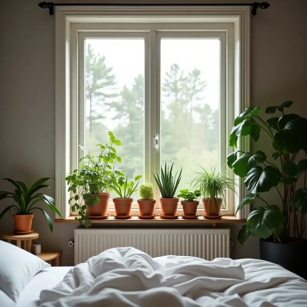 a photo of a bedroom with a creative plant display on a window ledge