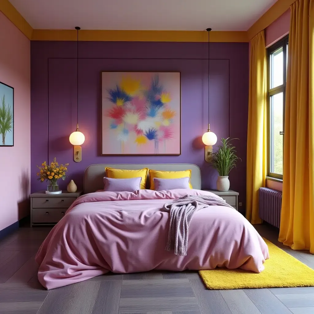 a photo of a vibrant purple and yellow art-inspired bedroom