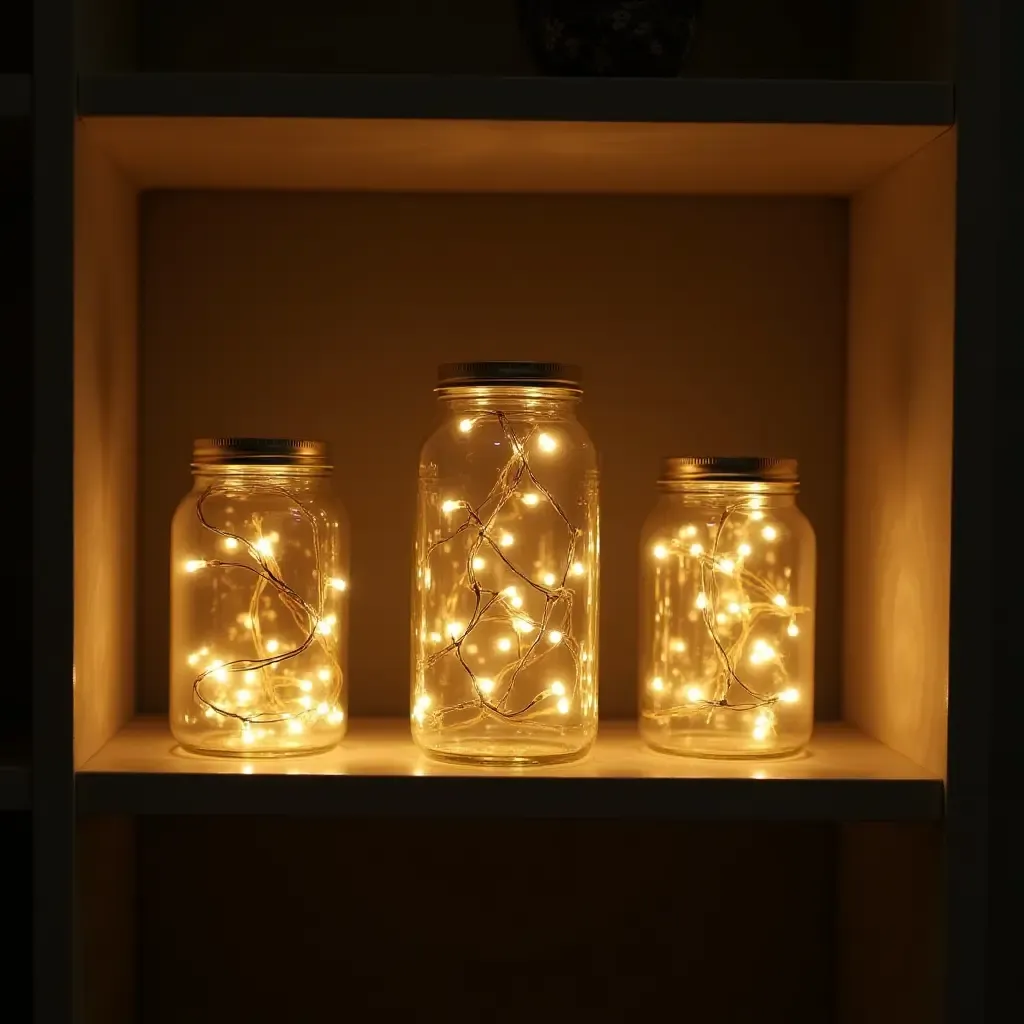 a photo of decorative jars filled with fairy lights on shelves